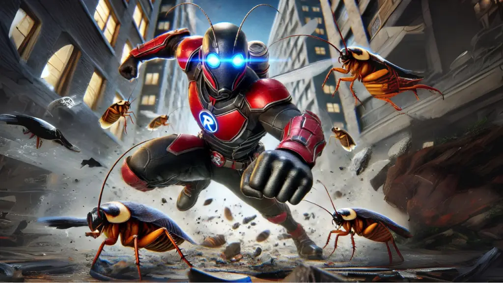 A superhero in a red and black suit fighting cockroaches in a city setting