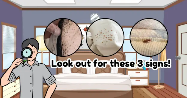 A bedroom scene with a person holding a magnifying glass and looking at three close-up images: a bed frame with dark spots, a white sheet with red dots, and a bed bug on a brown surface. The text "Look out for these 3 signs!" is displayed.

