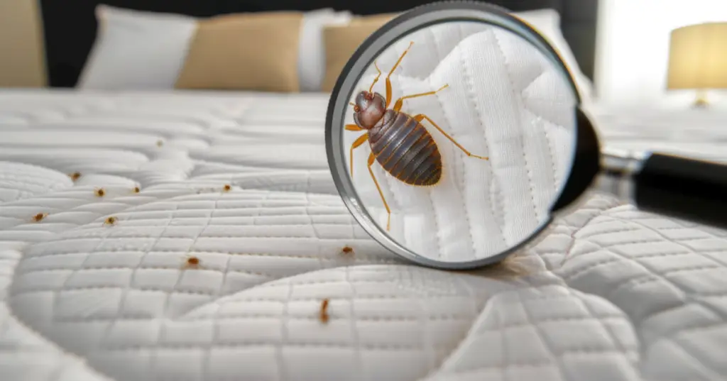 A bed bugs on a magnifying glass. The photo used to describe Early Signs of Bed Bugs on Mattress In Singapore