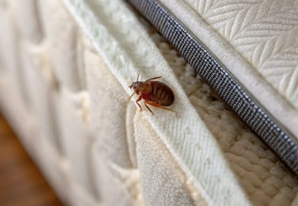 a bed bug photo in a sofa to describe How to check wood furniture for bed bugs